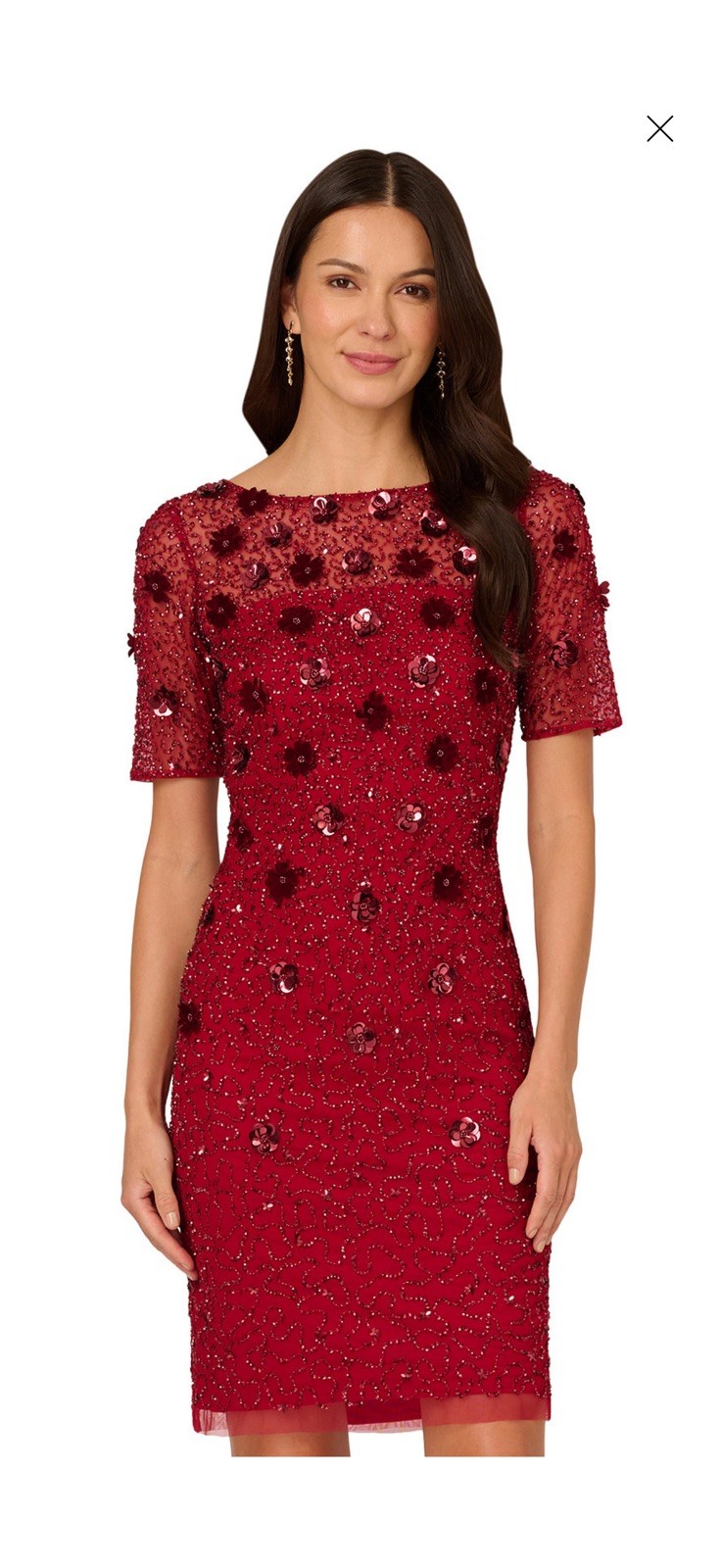 Adrianna Papell Women’s Red Floral-Embellished Boat-Neck Dress Size 4
