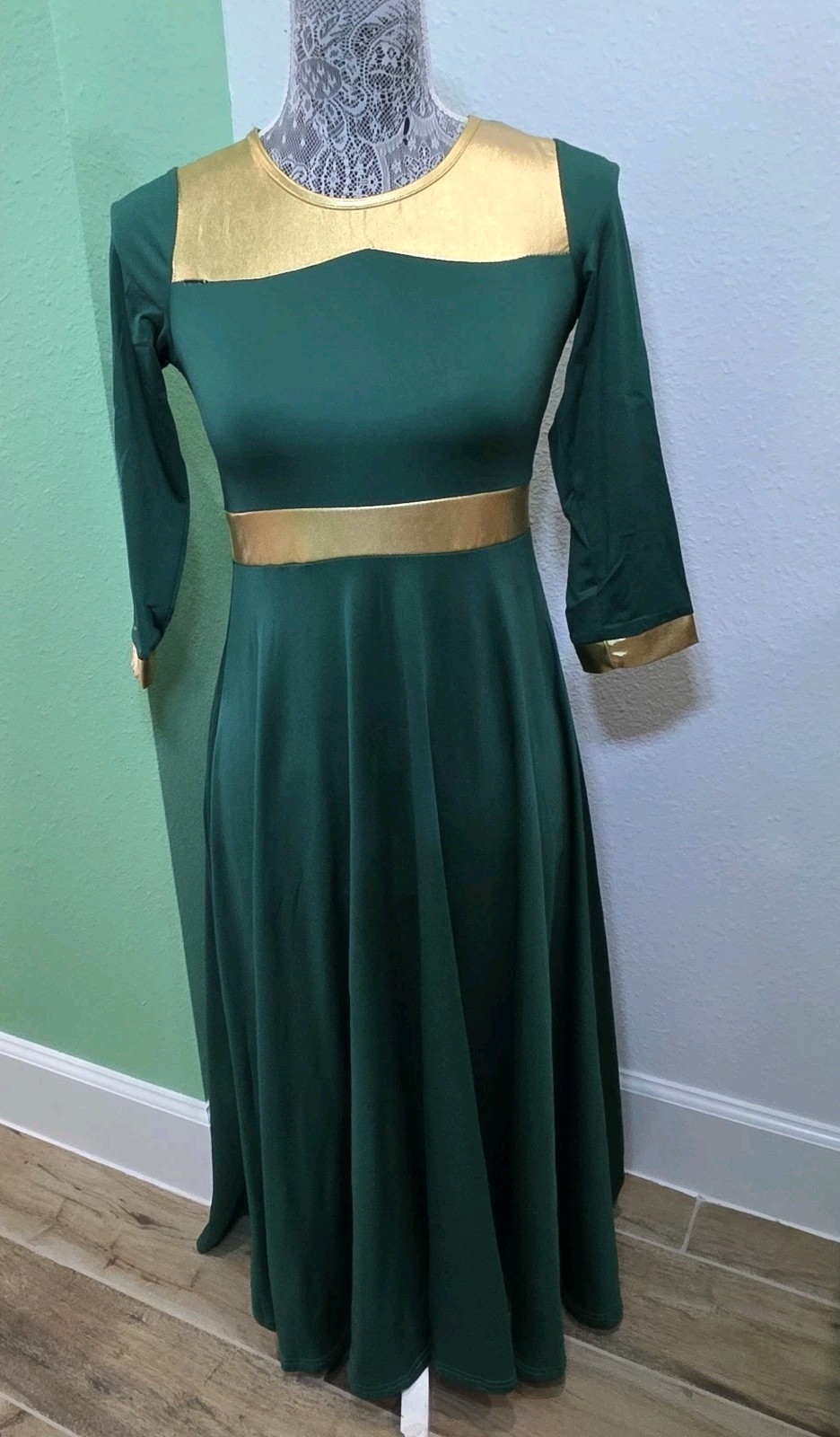 Juniors Green &gold Praise Dress Full Length Wide Swing Skirt Long Sleeve Church
