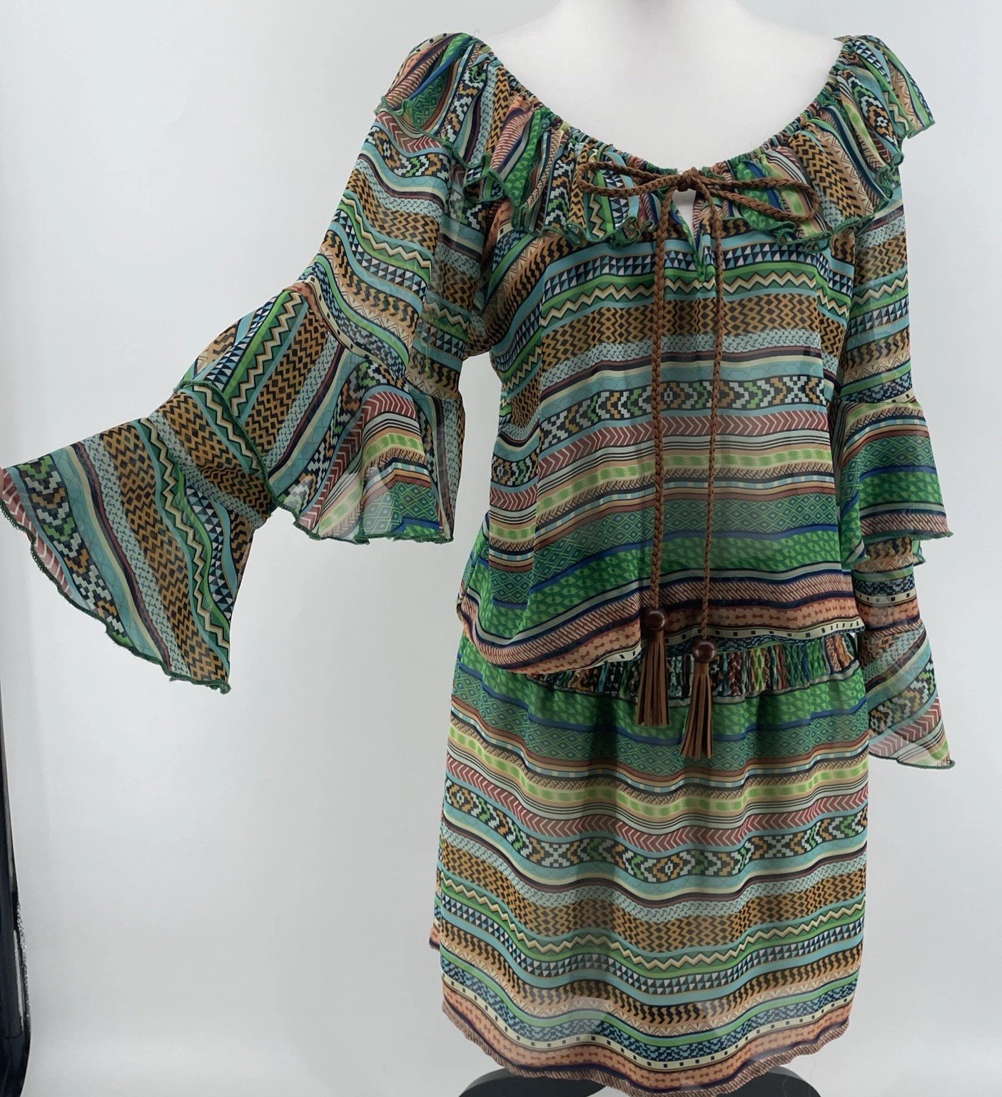 Ciel USA Western Boho Mini Dress Women’s Medium Ruffle Faux Leather Fringe Tie