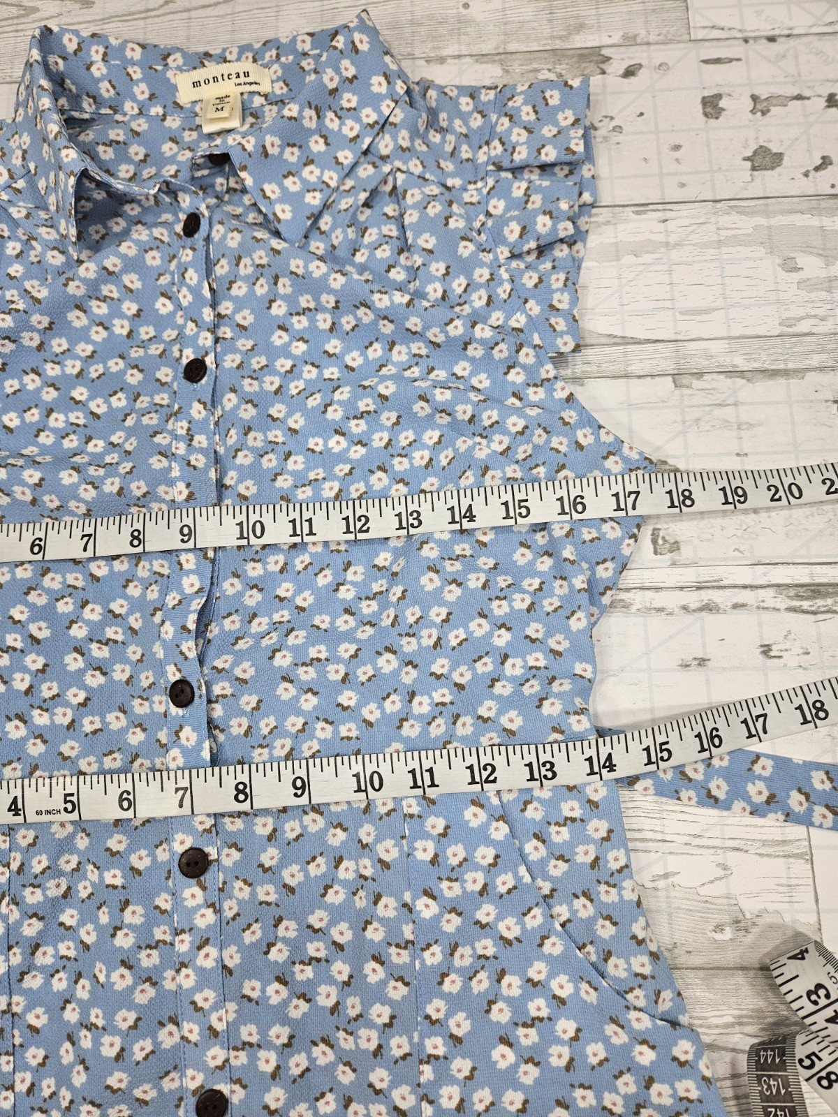 Monteau Womens Medium Coattage Blue Floral Print Shirt Dress