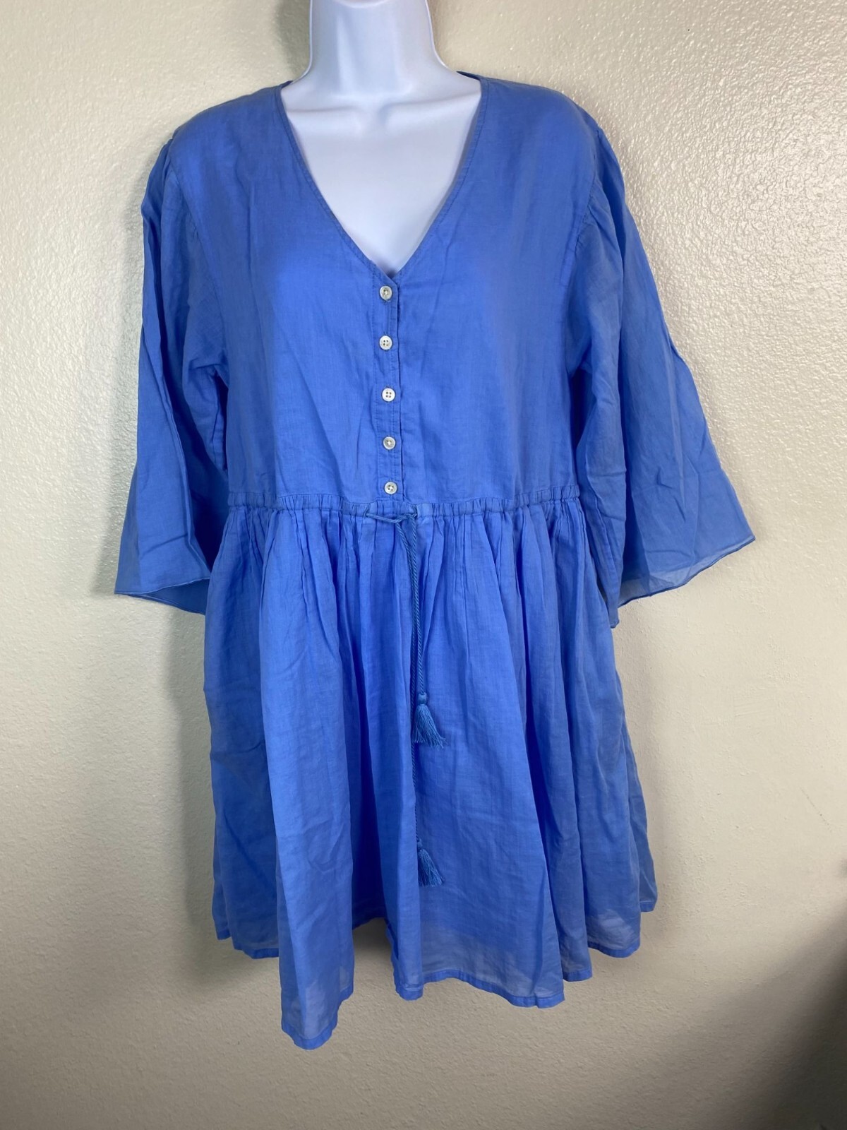 ATM Anthony Thomas Melillo Blue V-Neck Dress size Medium Lightweight 3/4 Sleeve