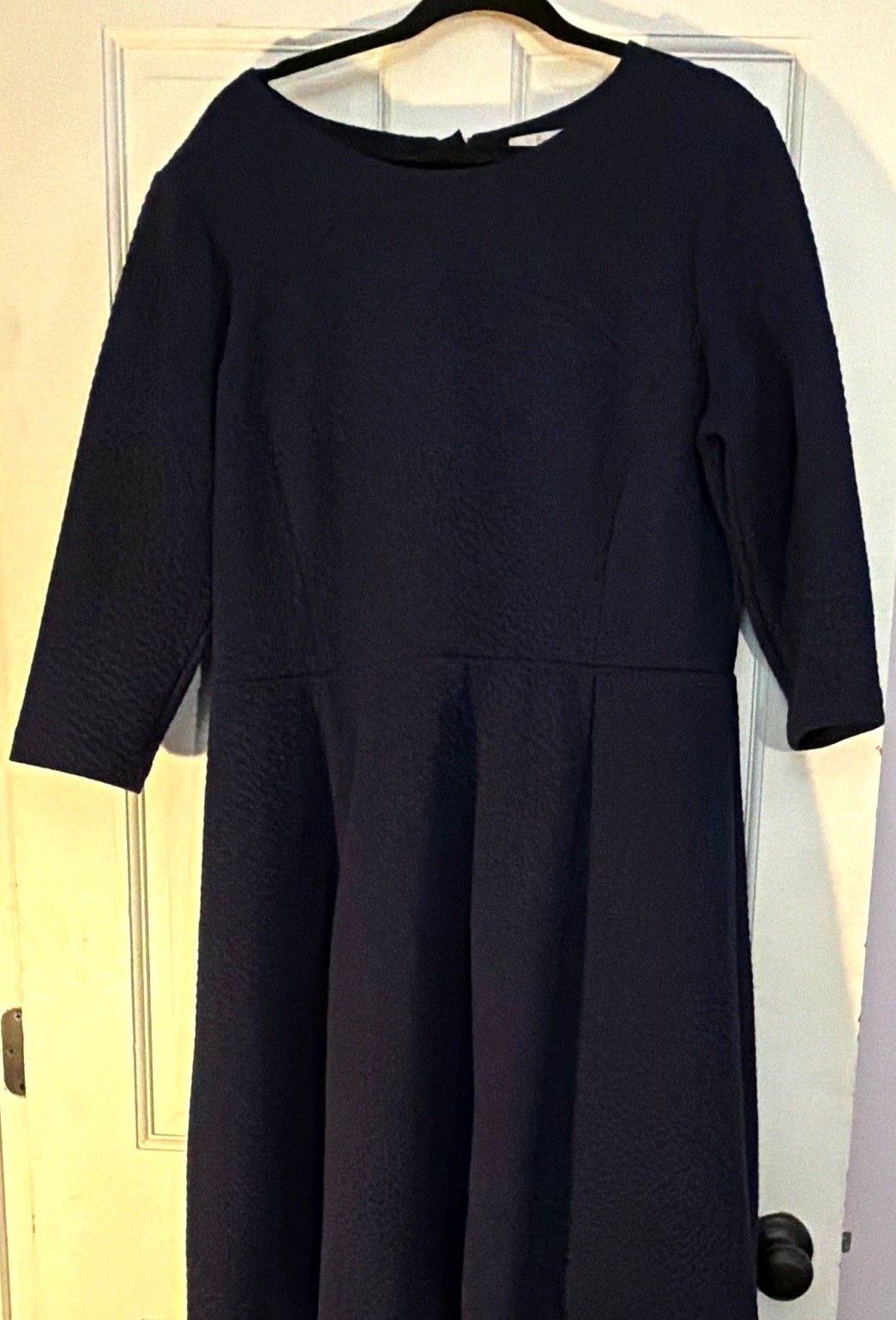 Boden Navy Textured Knit A-Line Dress 3/4 Sleeve Lined Stretch Zip US 16R