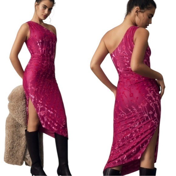 Anthropologie HUTCH One Shoulder Ruched Velvet Midi Dress Pink Sz L retail $198