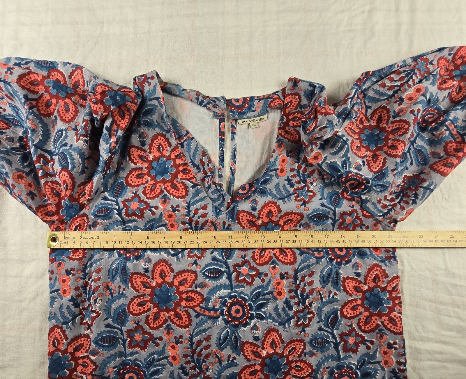 Fitzroy & Willa Puff Sleeve Midi Shift Dress Floral Boho Lined 100% Cotton XL
