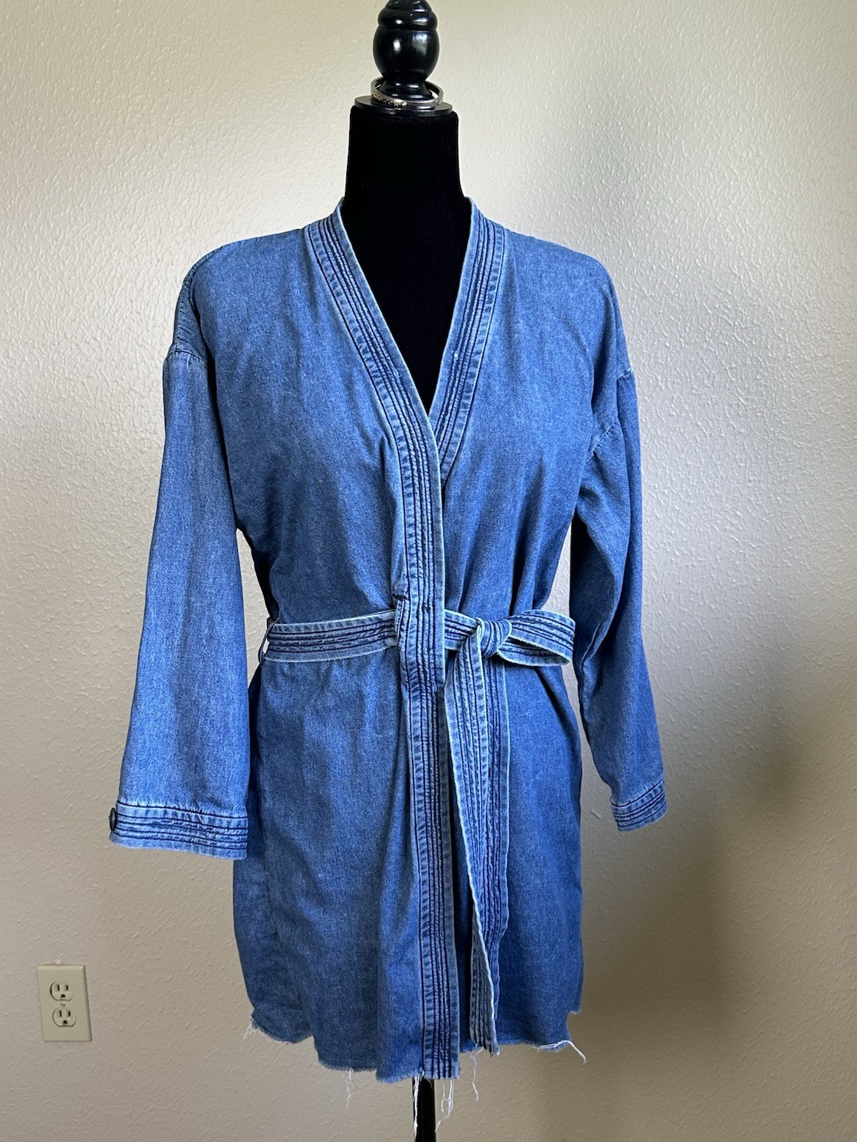 GRLFRND Womens Kate Robe Denim Jean Wrap Mini Raw-Edge-Hem Dress XS