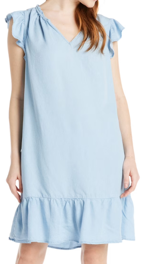Time and Tru Womens Split Neck Dress with Flounce Hem Light Blue Size M (8-10)