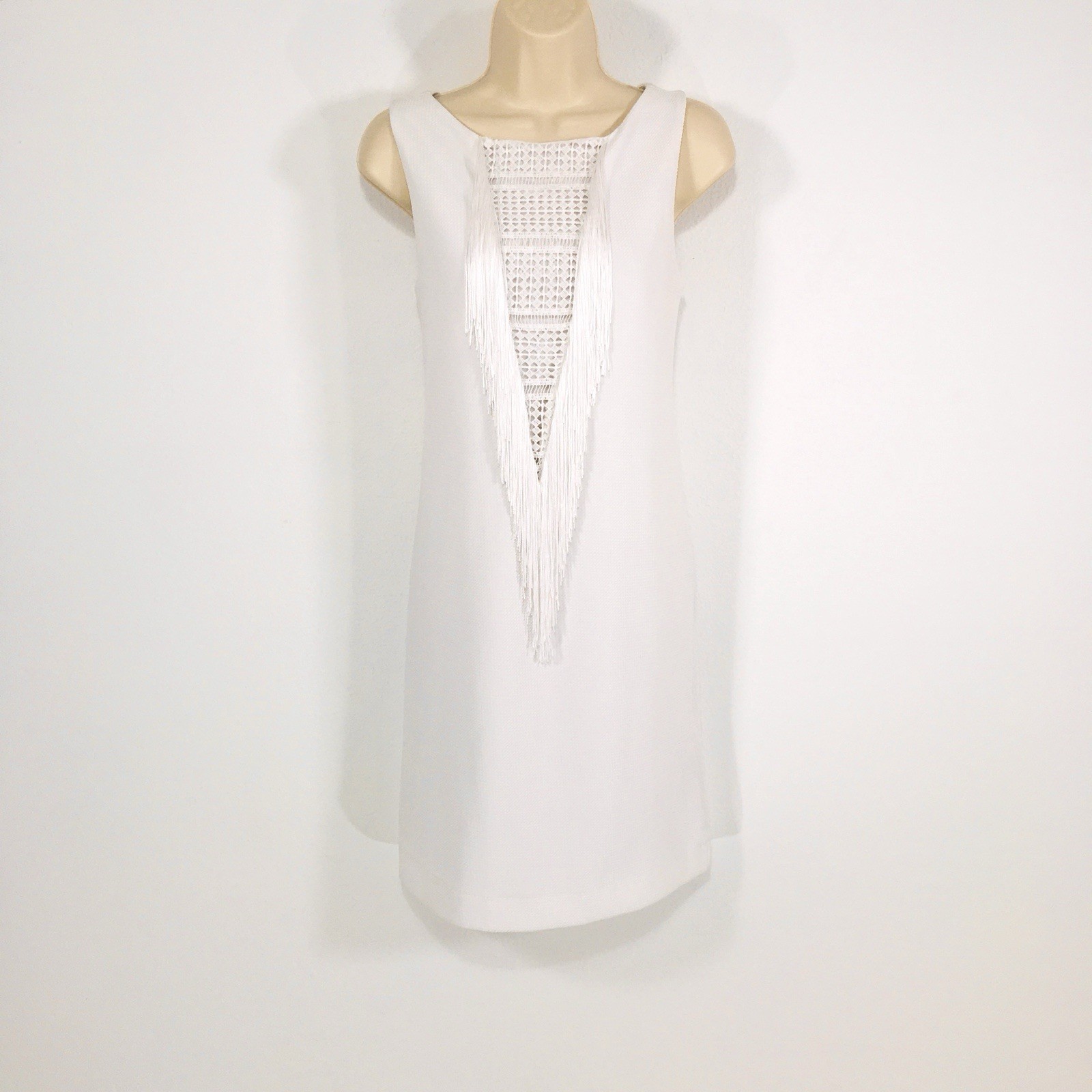 Nicole Miller White Sleeveless Mini Dress Sz S Silky Tassel Fringe Boho Chic