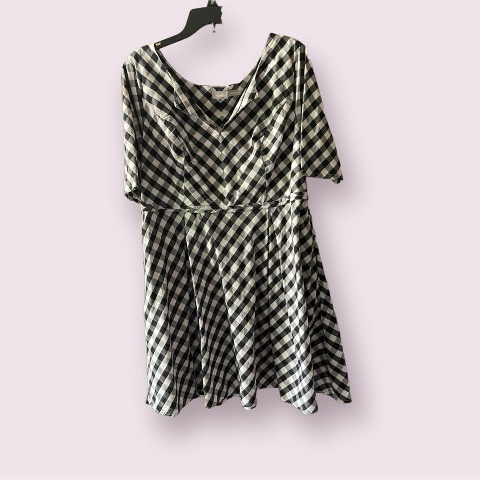 eShakti Black White Gingham Cotton V-Neck Fit Flare Dress Elbow Sleeve at Knee