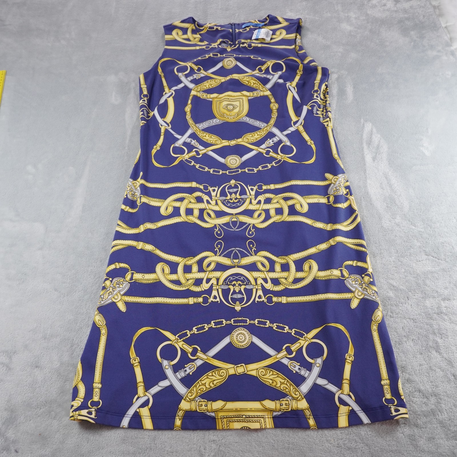 J McLaughlin Catalina Cloth Sofia Sheath Dress L Blue Chain Link Belt Print