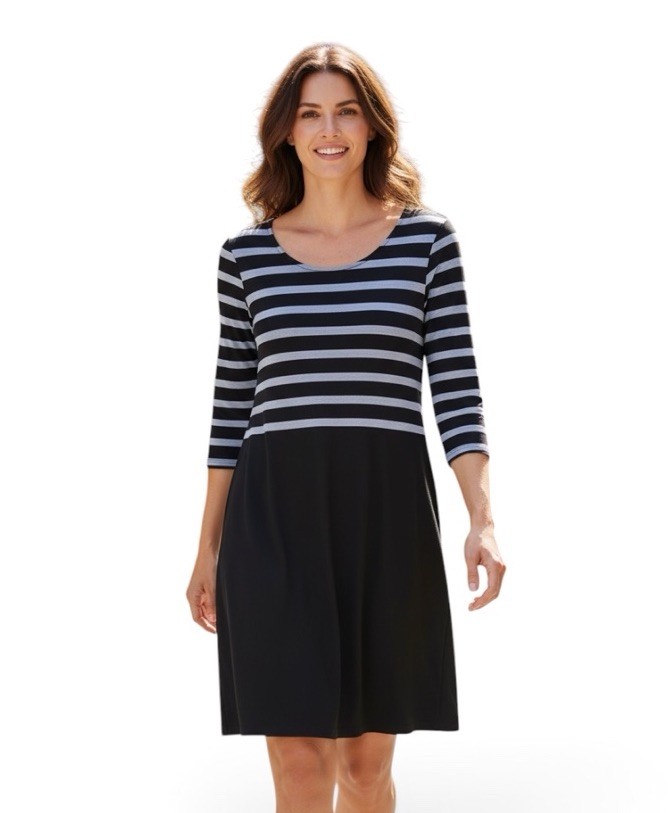 J Jill Wearever Striped Dress Women’s Small Black Blue A-Line LS Stretch Knit