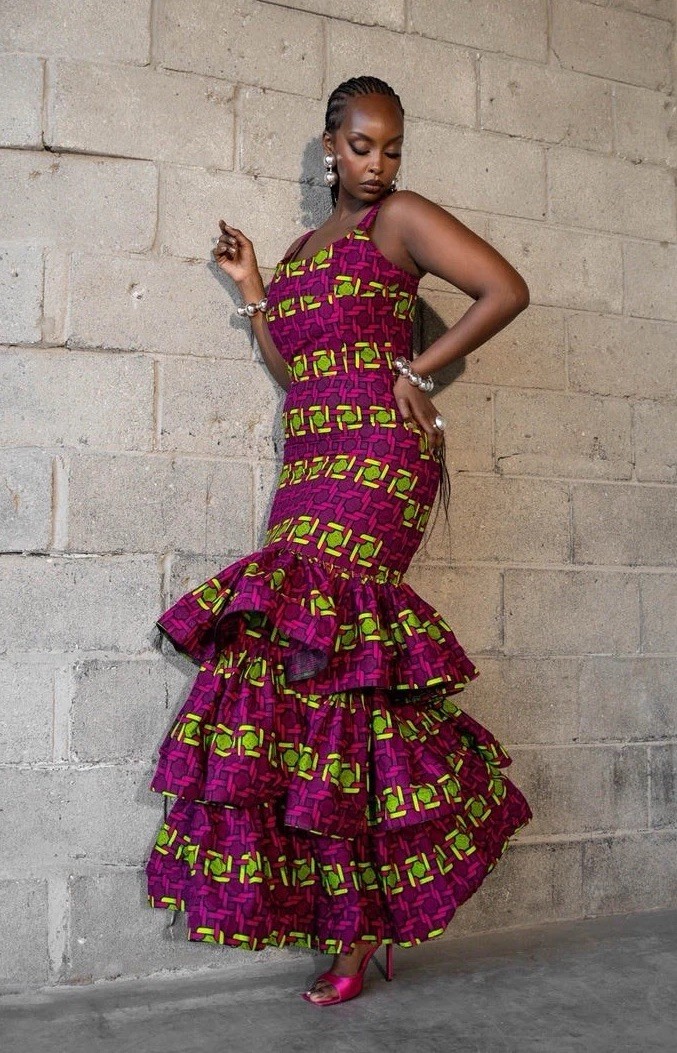 Ofuure Cotton Ankara African Print Mermaid Tiered Ruffle Maxi Dress Size M NWT