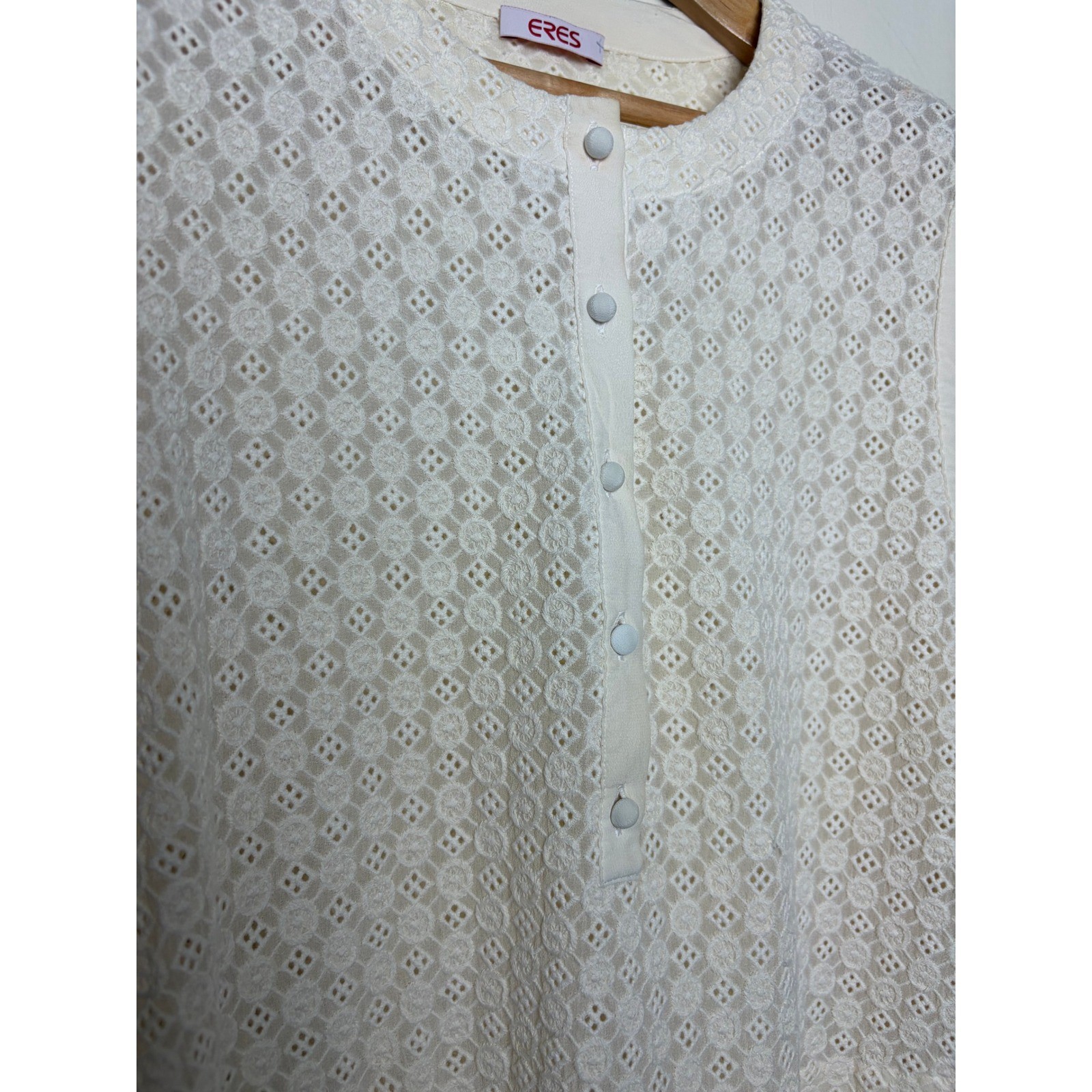 Eres Cream Eyelet Lace Button Front Shift Dress 3/4 Sleeve Size M/L