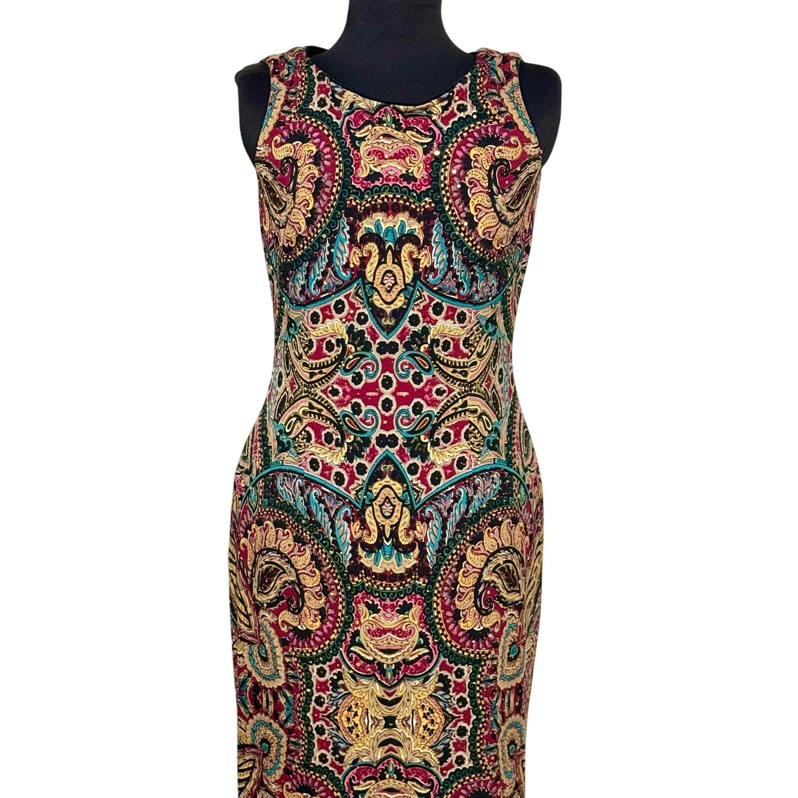 Joseph Ribkoff Jewel Tone Digital Print Jersey Dress Sz 8 Sequins Fitted Sheath