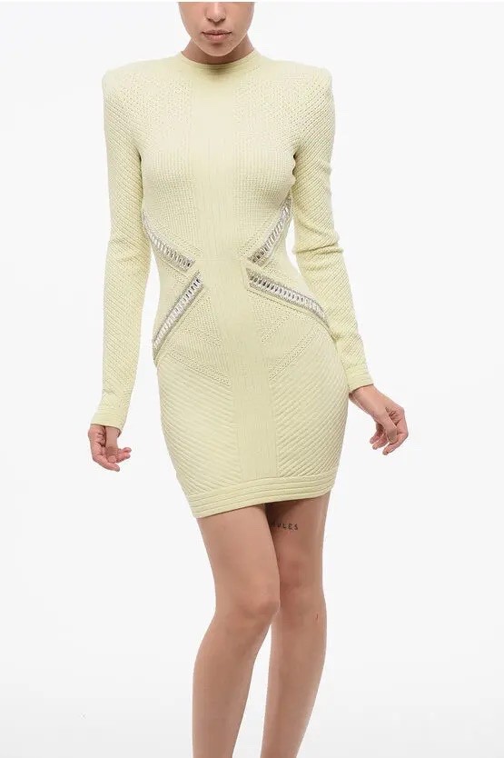 BALMAIN Pale Yellow Crystal Embellished Long Sleeved Dress FR 38 US 4