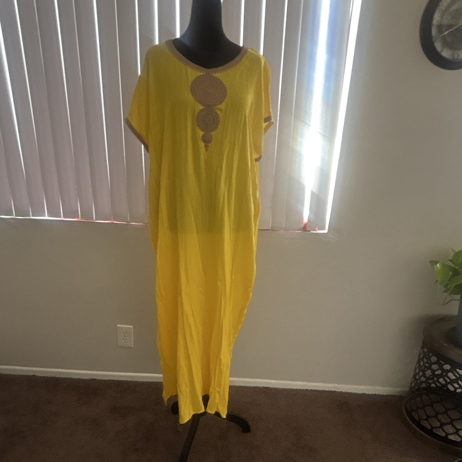 Women’s Yellow Kaftan Maxi Dress Long Short Sleeve V-neck Muslim gown one size