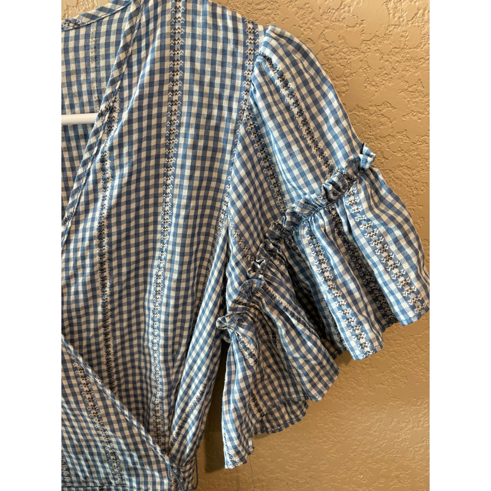 Blue Gingham Feminine Wrap Ruffle Mini Dress