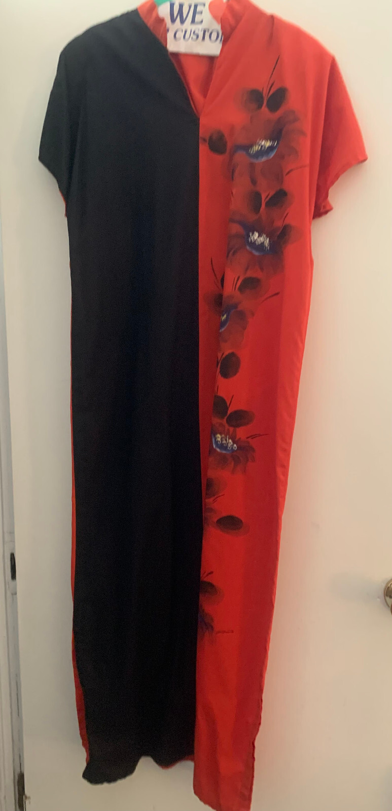 SMASHING CUSTOM MADE RED AND BLACK GALABEYA WITH BLACK FLOWERS SIZE M