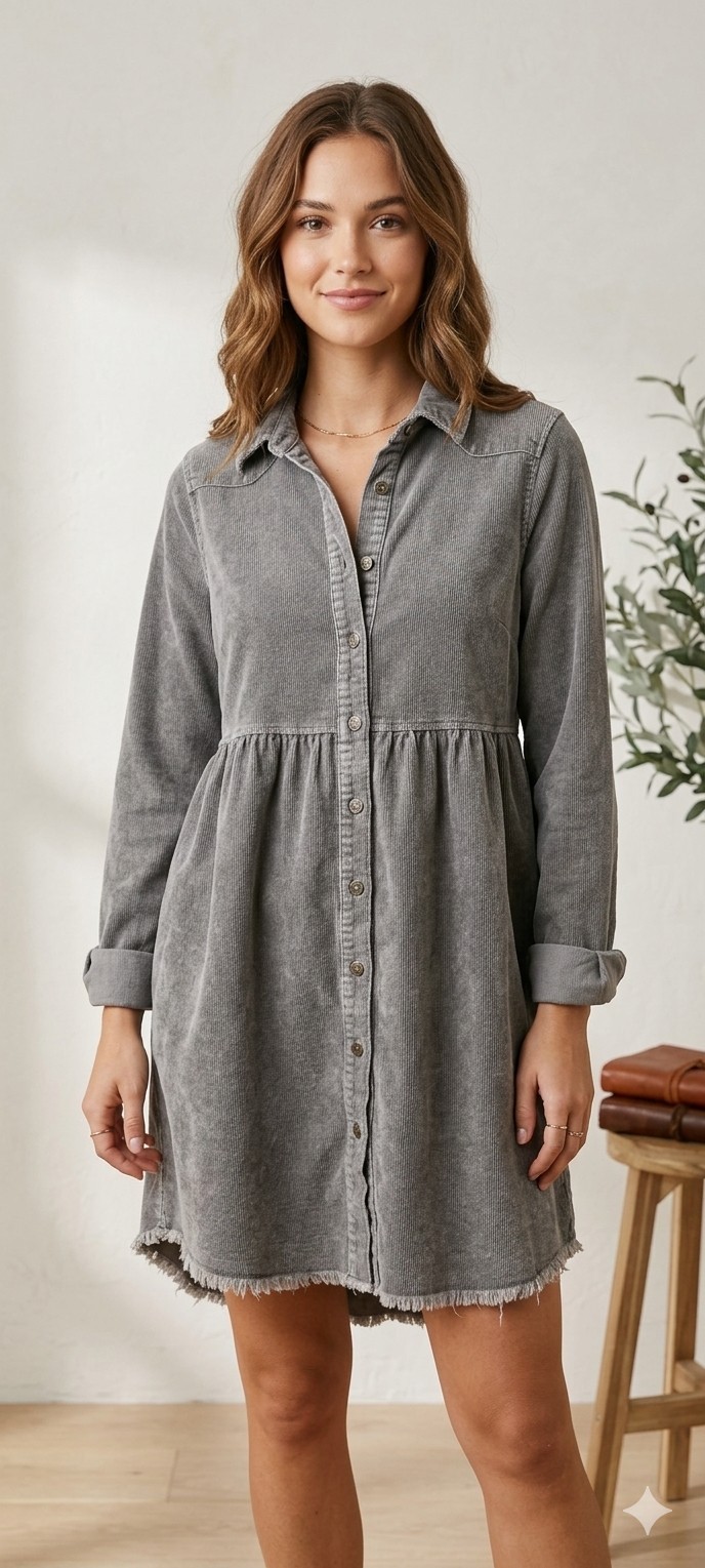 Umgee Boho Gray Corduroy Shirt Dress Button Front Long Sleeve Distressed Hem