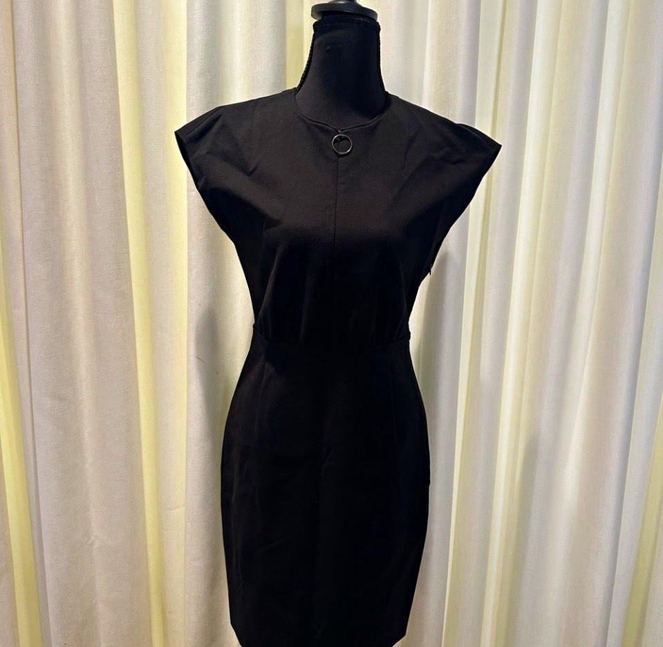 Akris punto Black Sleeveless Pencil Dress S Knee Length Round Neck Ring Accents