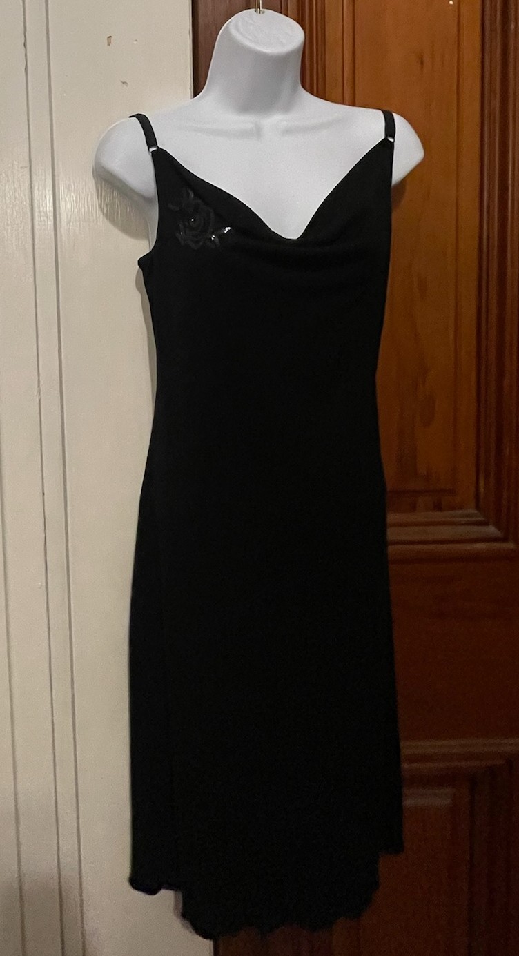 ESPRIT Black Slip Dress (SMALL) Vintage Y2K Stretch Elastic Straps Sequin Flower