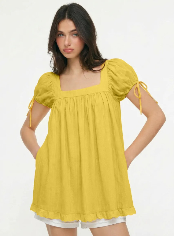 Ladies Summer Casual Square Neck Shirt Short Sleeve Tie Knot Ruffle Blouse Dress
