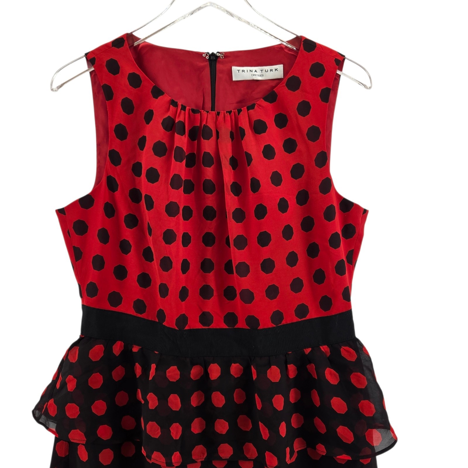 Trina Turk Dress Womens Small Medium Ladybug 100% Silk Black Red Polka Dot Party