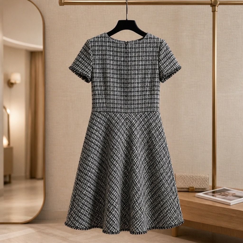 Talbots Women’s Black and White Tweed Fit & Flare Short Sleeve Dress #1086