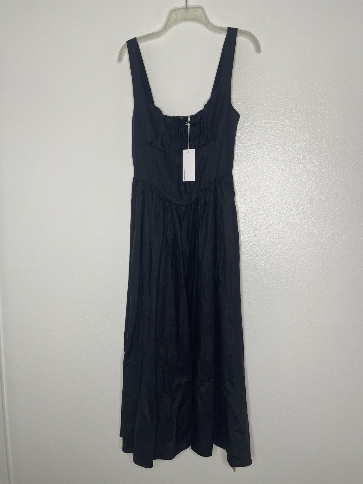 New Reformation Balia Black 100% Linen Scoop Neckline Midi Dress Size 6