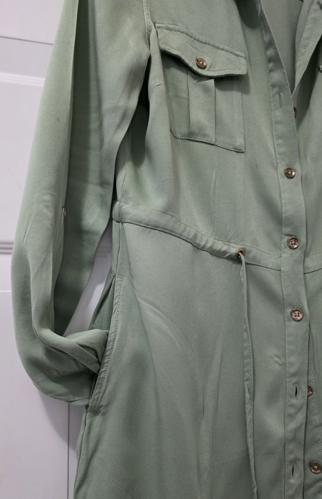 GUESS Green Solid Collared Button-Front Shirt Dress Pockets Long Sleeve, S