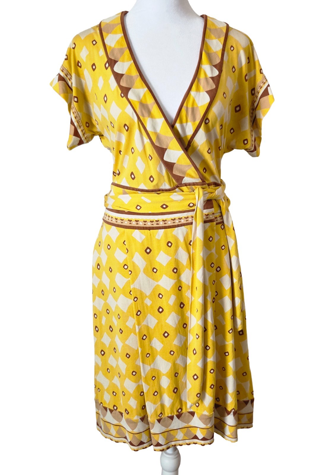 DIANE VON FURSTENBERG DVF 6 Wrap Dress Nalia Silk Yellow Brown Geo Short Sleeve