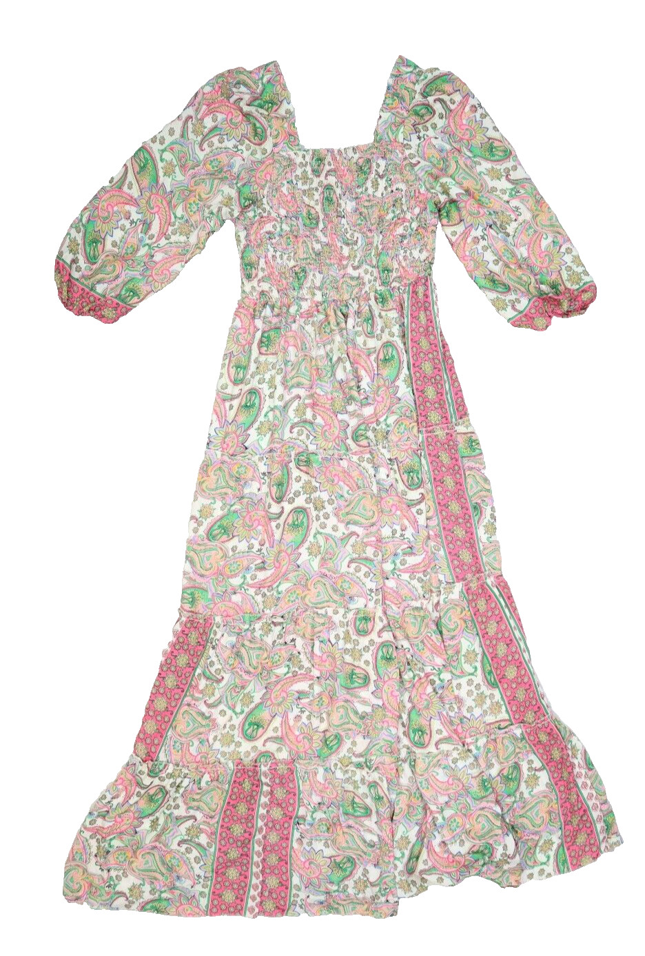 Me 2 Magic BOHO Paisley Hippie Long Flow Bright Color 3/4 Sleeve Dress Womens S