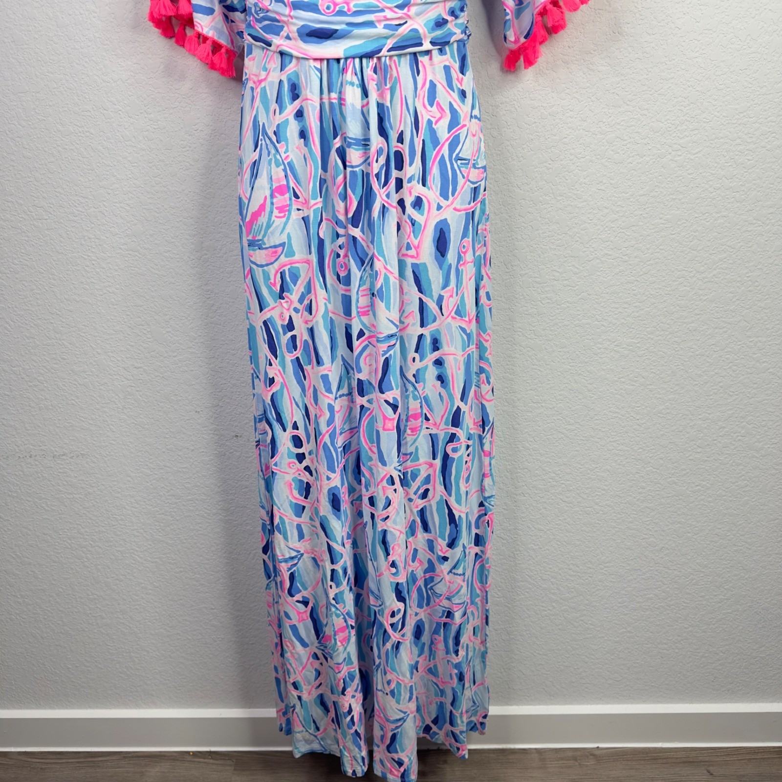 Lilly Pulitzer Parigi Maxi Dress Womens S Blue Pink Reel Nautical Tassel Coastal