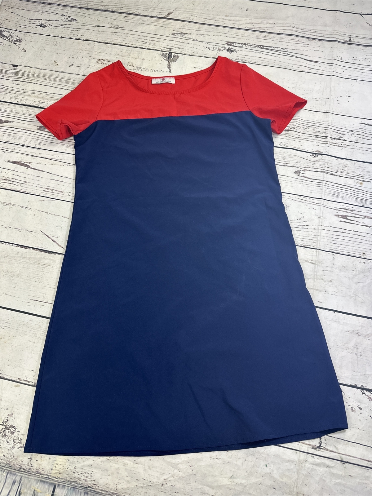 White Plum Dress Medium Red Blue Color Block Shift Mod Short Sleeve