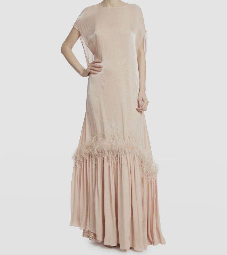 $1455 Badgley Mischka Women Pink Layered Sequin Feather-Trim Gown Dress Size 10
