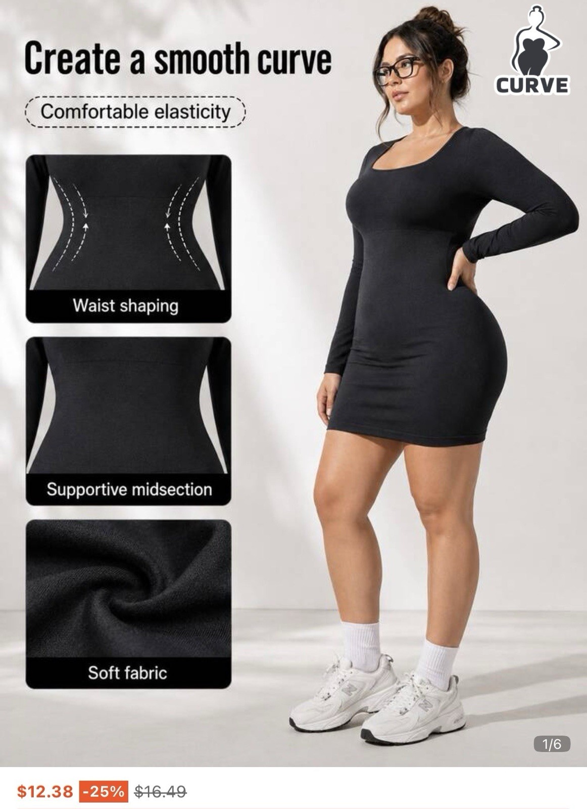 SHEIN CURVE Black Solid Square Neck Long Sleeve Slip Mini Dress Plus 1XL