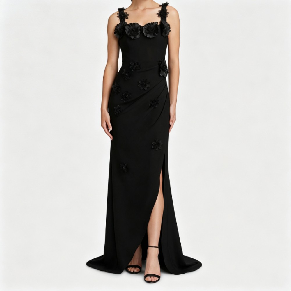 Black 3D Florals Spaghetti Straps Mermaid Maxi Dresses Side Slit Evening Gowns