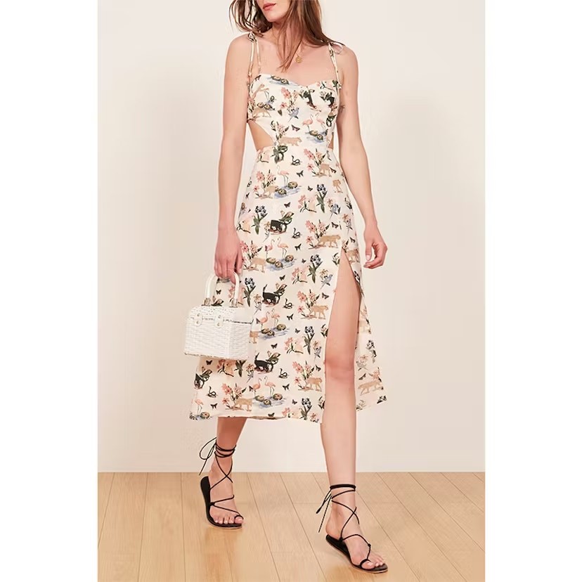 Reformation Alessa Janeiro Ivory Jungle Animal Print Cutout Linen Midi Dress 0