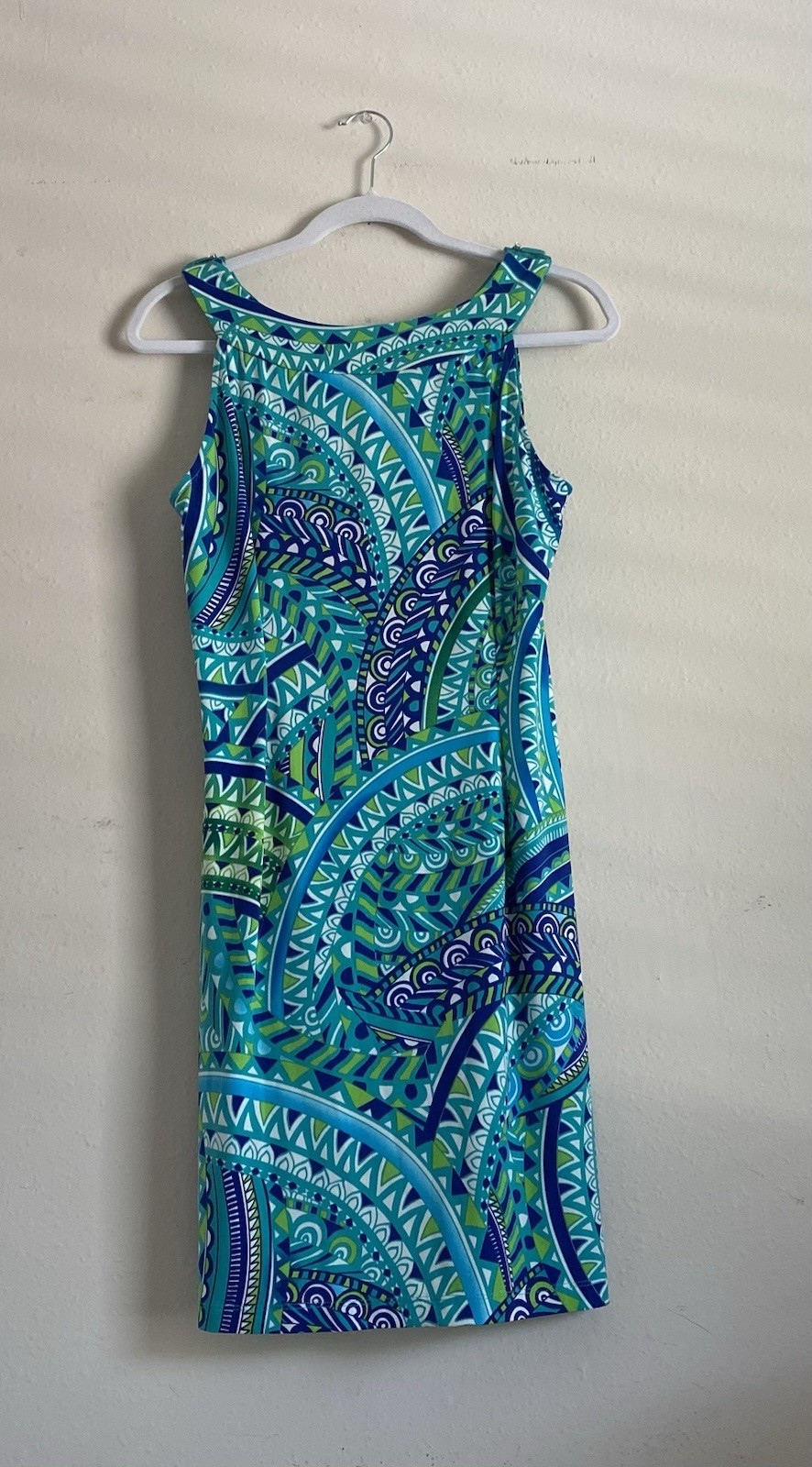 Studio One New York Women’s Petites PM Blue/Green Geometric Shift Knee Dress