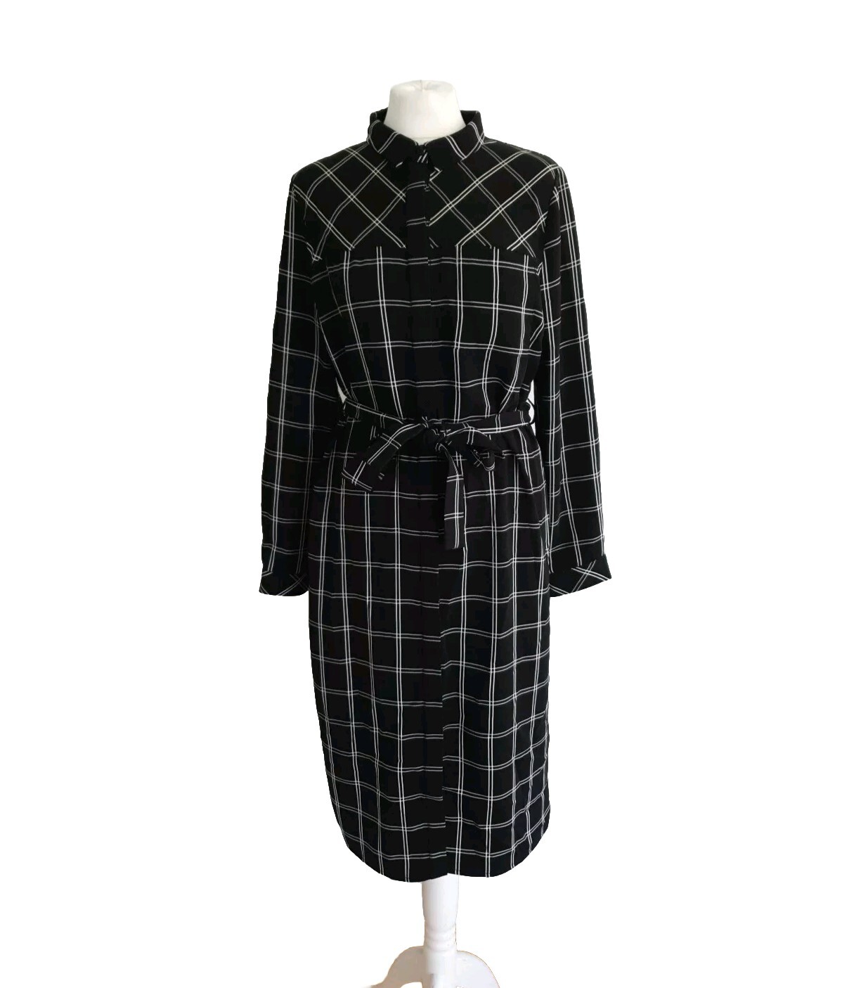 Oliver Bonas Shirt Dress UK 12 Womens Black Checked Belted Long Sleeve Midi.