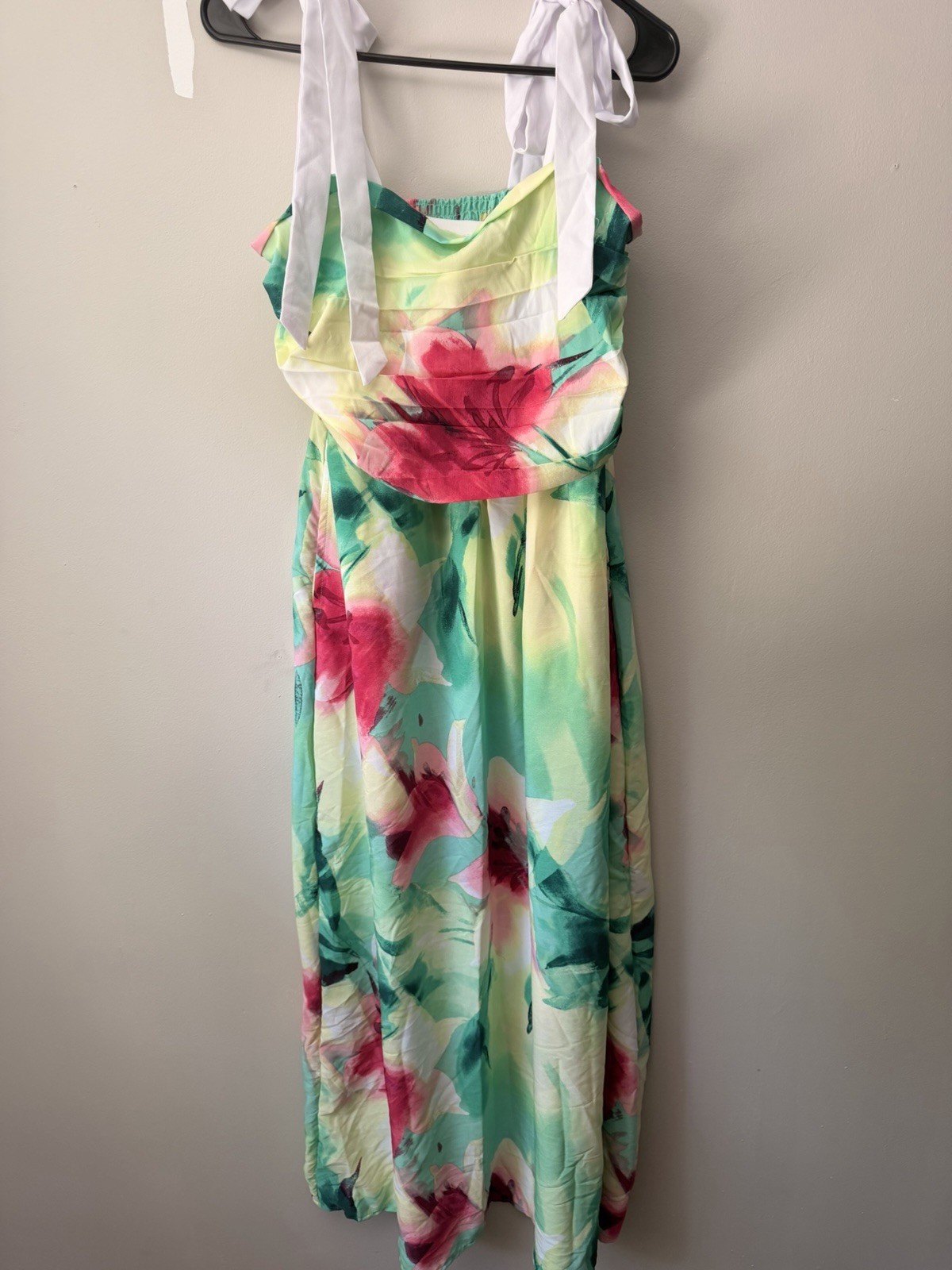 Floral Tie-Strap Maxi Dress – Green & Pink