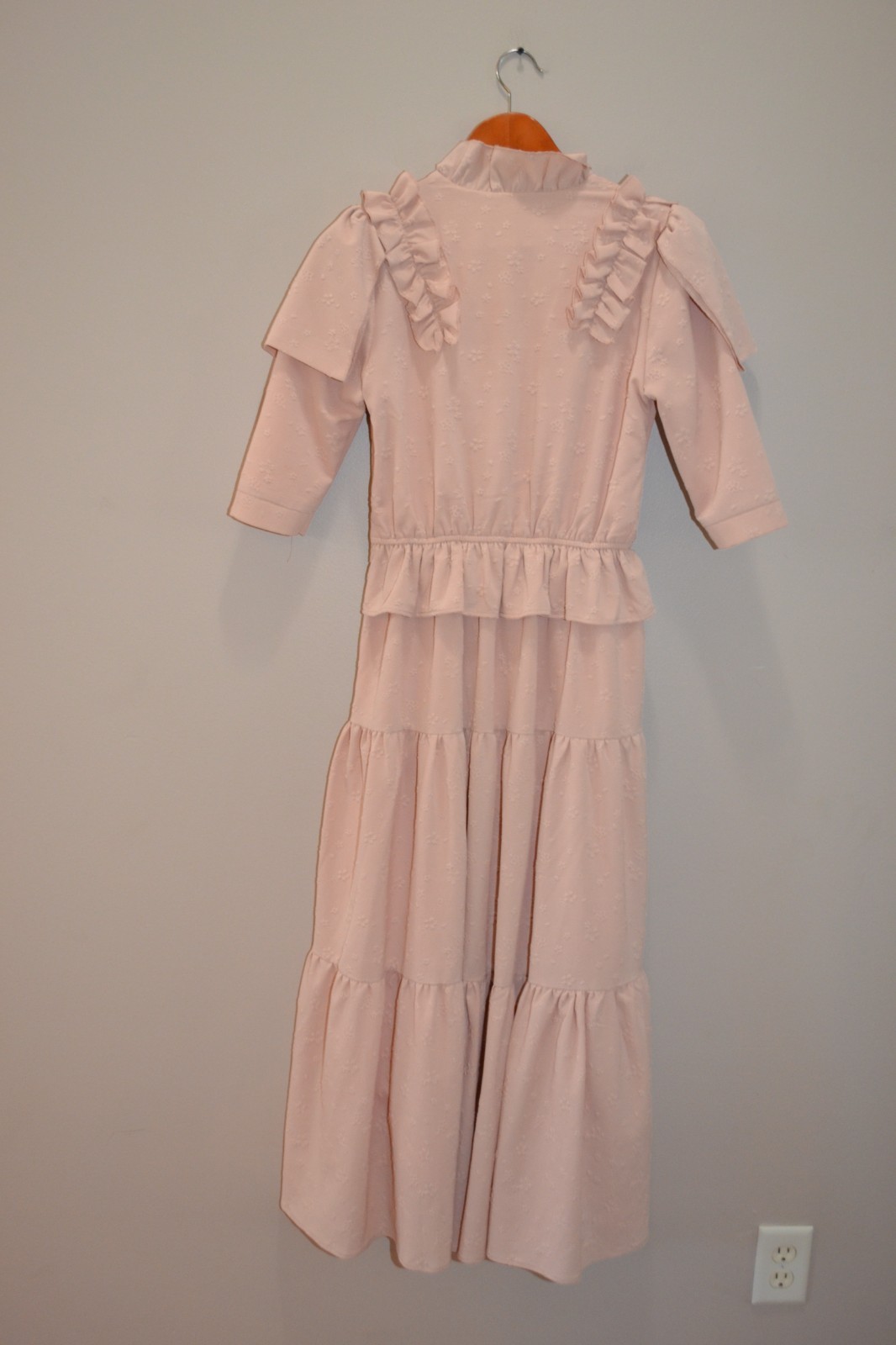 Ladida Powder Pink short sleeve Ruffle Embroidered Tiered Romantic Midi Dress S