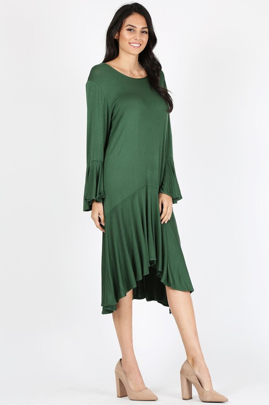 FOREST GREEN BELL SLEEVE TUNIC DRESS