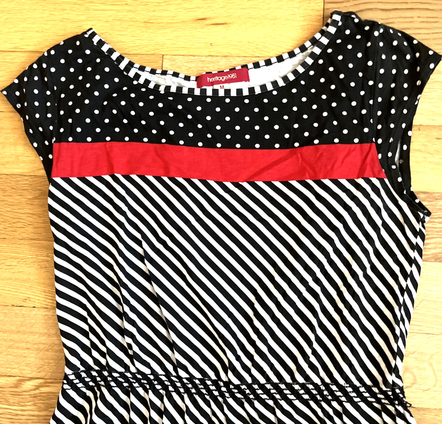 Heritage 1981 Black White Red Polka Dot Stripe Cotton Dress Size M Retro 80s