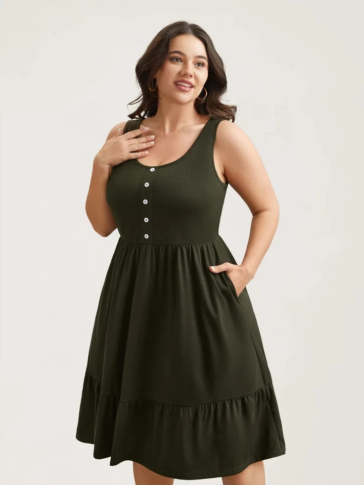 Bloomchic Army Green Midi Dress Womens Size 10 Sleeveless Button Front Pockets