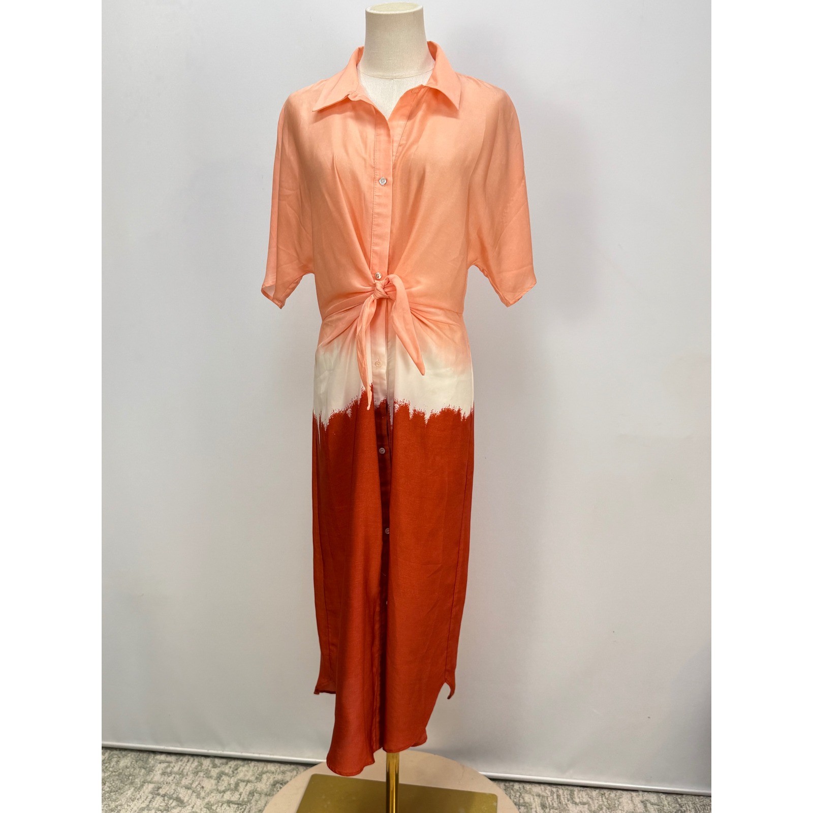 Anthropologie Mango Tie-Front Dip-Dye Midi Shirt Dress Peach Orange Rust Ombre