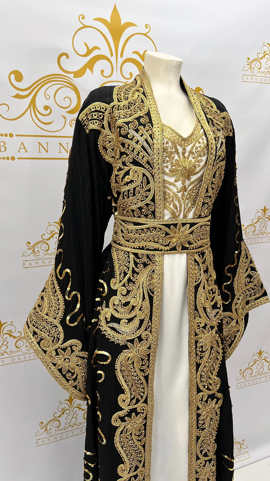 Kaftan Caftan Abaya Dress Golden Embroidery & Beads Paisley Design Long Sleeve
