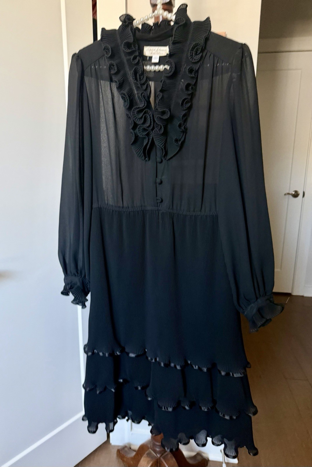 EUC Vintage Adolph Schuman For Lilli Ann Black Ruffle DRESS Sheer Top Women’s L