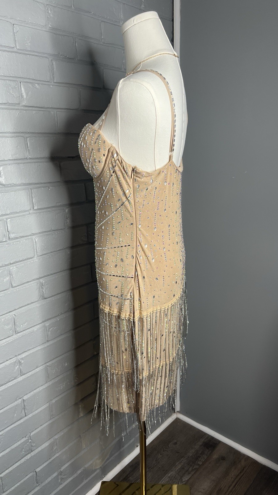 Banjul Nude Rhinestone Sparkly Fringe Layer Midi Sleeveless Dress Size Large