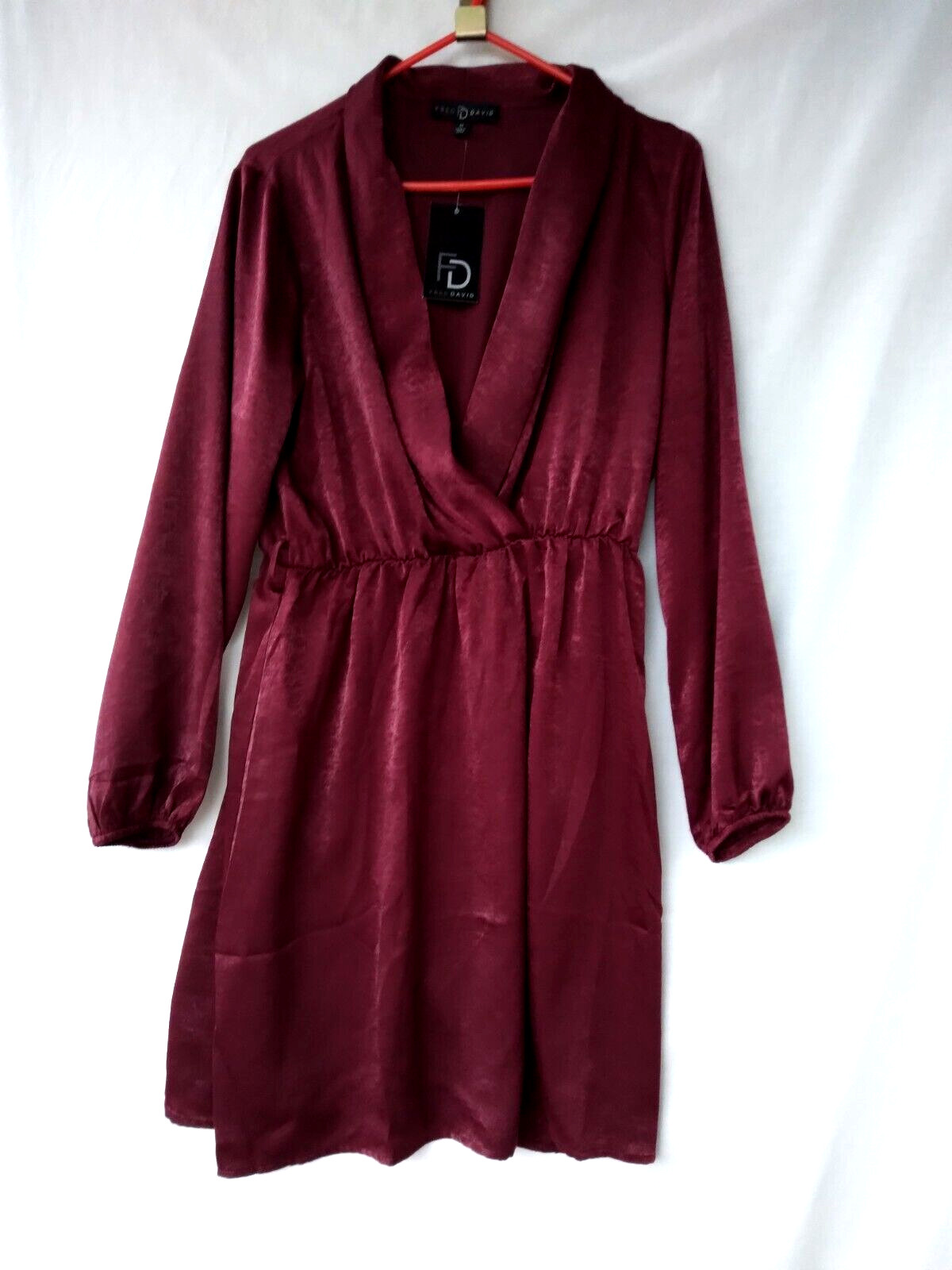 Women Fred David XL Dress Burgundy Long Sleeve Plunging Neckline New