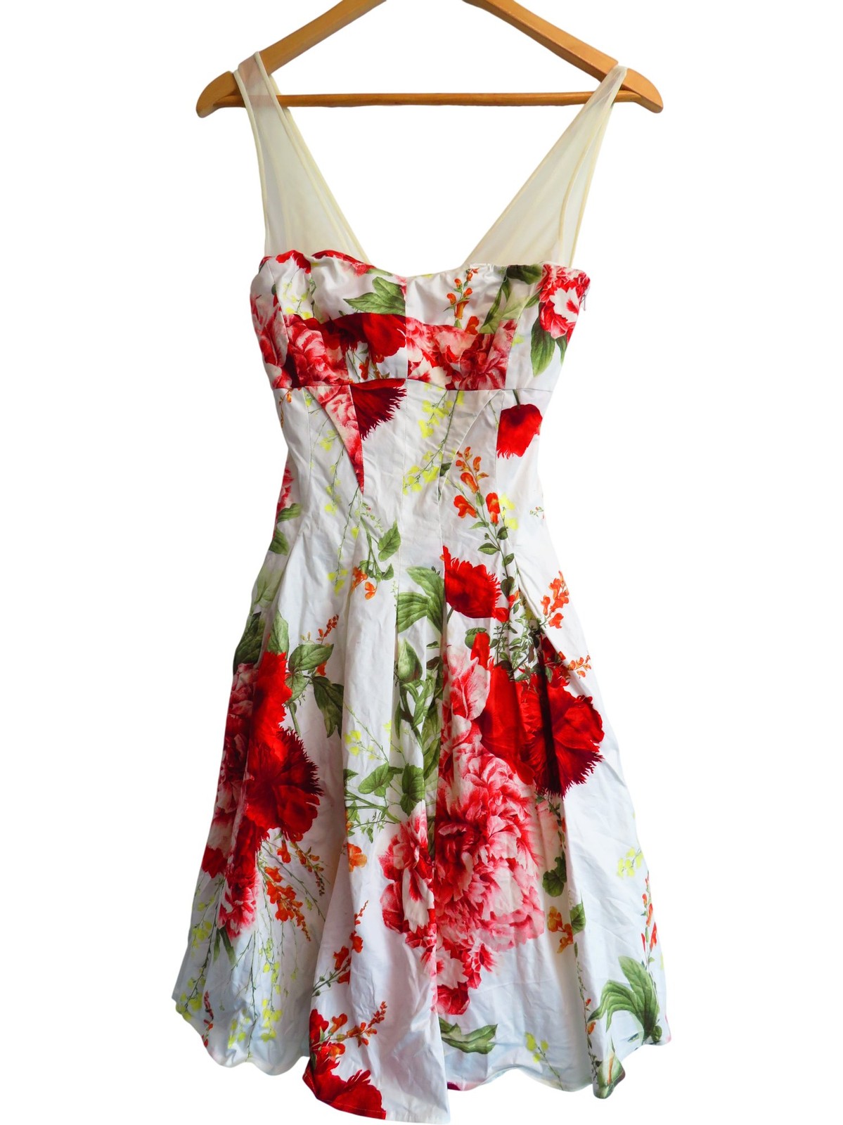 Karen Millen – Floral Summer Dress – White – Red Green Floral Cotton – Size UK 6